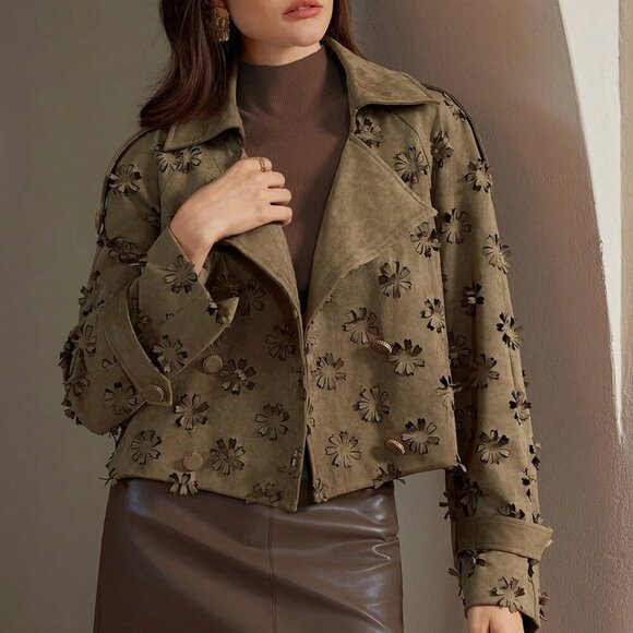 Khaki Casual Women's Collar 3d Laser Floral Embossed Jacket Coat - Picture 1 of 8